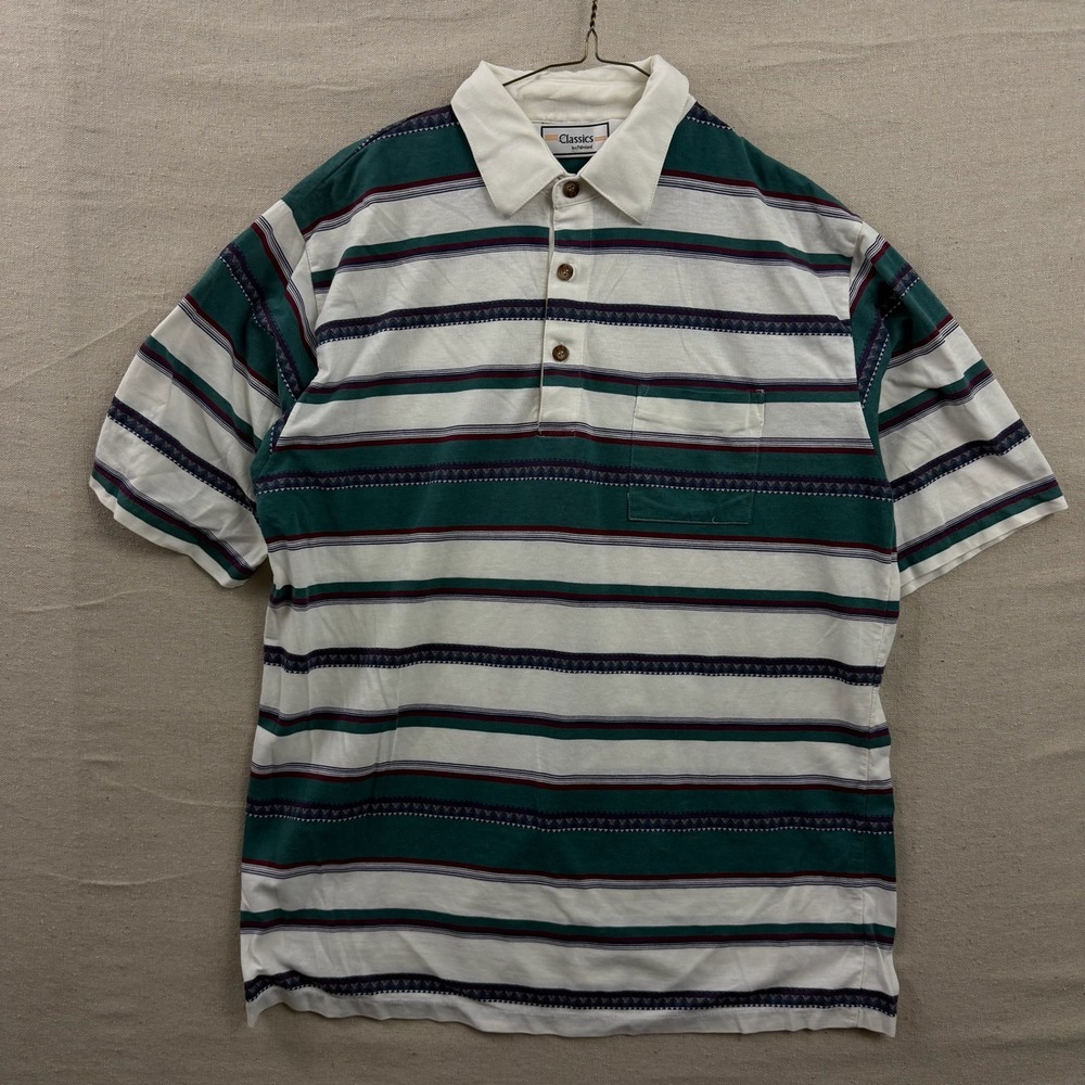 Classics by Palmland Polo Shirt Mens XL White Teal Striped Vintage Geometric
